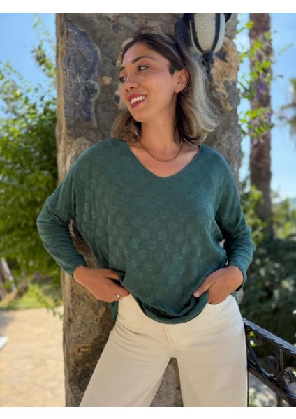 NC20662 Italyan Kendinden Desenli V Yaka Triko Bluz Acıyeşil fiyatları