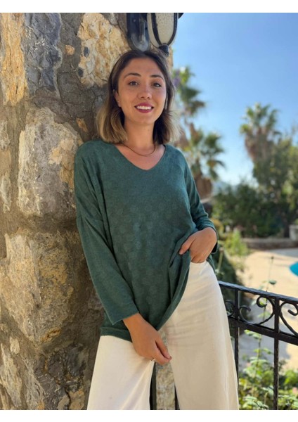 NC20662 Italyan Kendinden Desenli V Yaka Triko Bluz Acıyeşil indirimleri