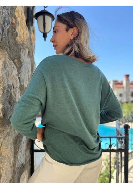 NC20662 Italyan Kendinden Desenli V Yaka Triko Bluz Acıyeşil