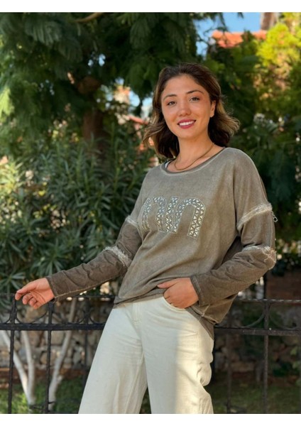 NC53659C Italyan Mın Taşlı Coton Sweatshirt Vizon indirimleri