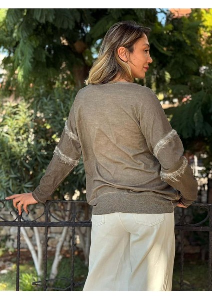 NC53659C Italyan Mın Taşlı Coton Sweatshirt Vizon