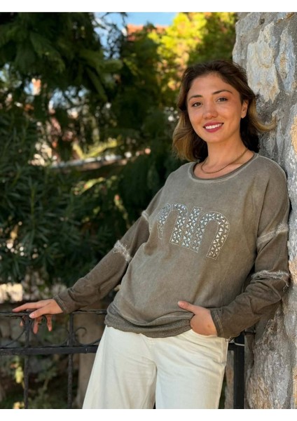 NC53659C Italyan Mın Taşlı Coton Sweatshirt Vizon