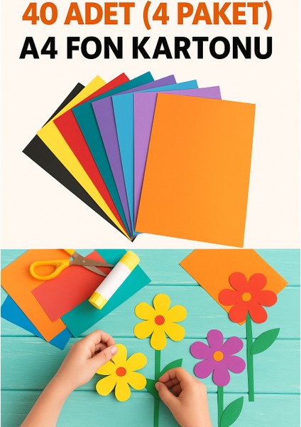 40 Adet Fon Kartonu A4 Boyutu (4 Paket) 24X34 Karışık Renkli Eğlenceli Etkinlik Kartonu