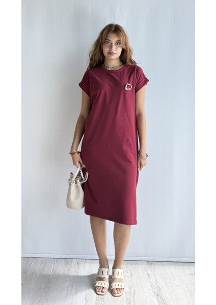 Kadın Bisiklet Yaka Kısa Kol Broş Detaylı Elbise