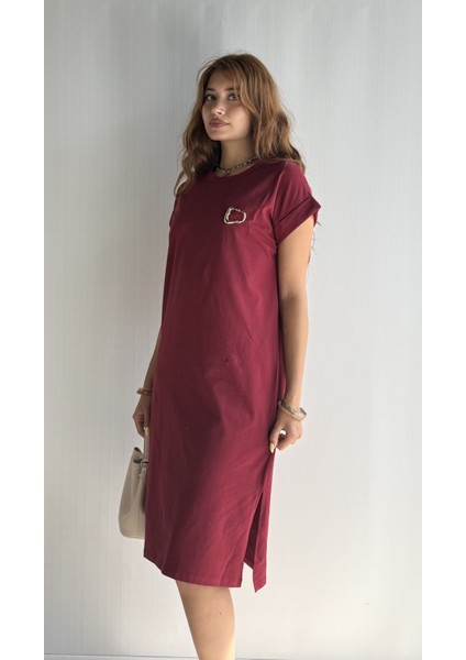 Kadın Bisiklet Yaka Kısa Kol Broş Detaylı Elbise fırsatları