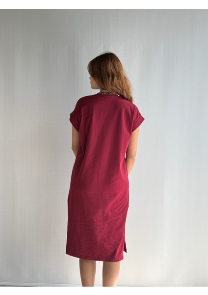 Kadın Bisiklet Yaka Kısa Kol Broş Detaylı Elbise