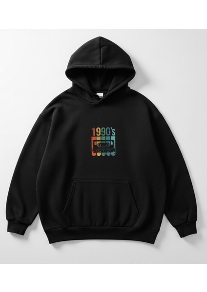 1990'S Tasarım Baskılı Siyah Oversize Unisex Kapüşonlu Sweatshirt Hoodie fırsatları