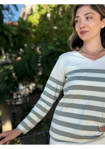 NC20251 Italyan Yatay Çizgili V Yaka Triko Bluz Yeşil