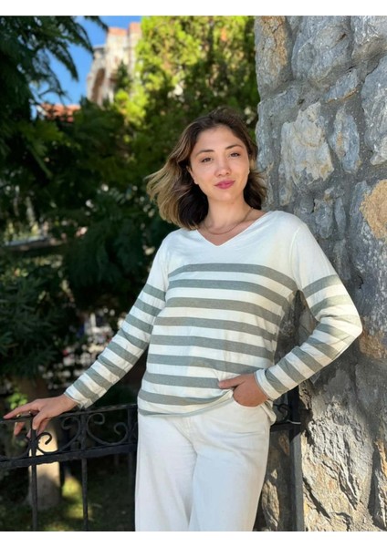 NC20251 Italyan Yatay Çizgili V Yaka Triko Bluz Yeşil