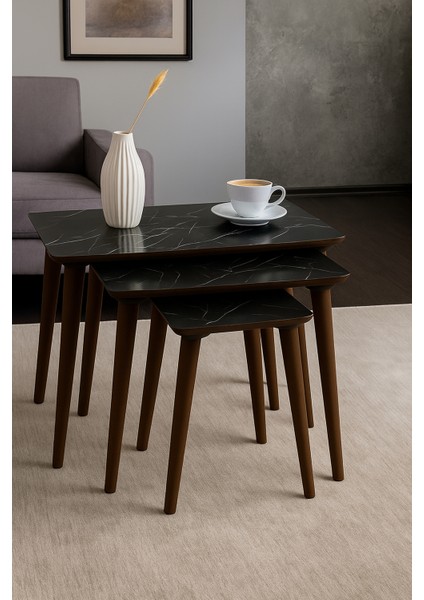 Istanbul Siyah Mermer 3'lü Zigon Sehpa %100 Mdf