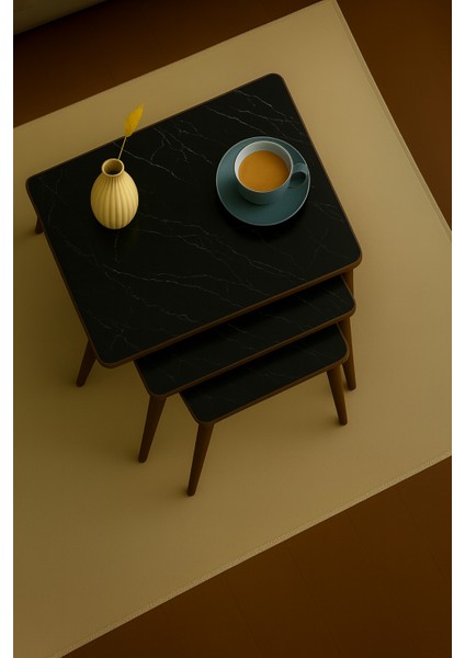 Istanbul Siyah Mermer 3'lü Zigon Sehpa %100 Mdf