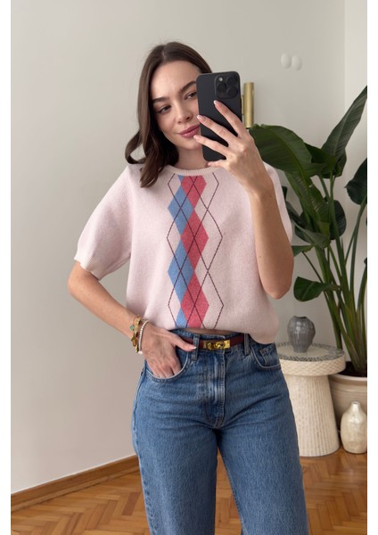 Ekose Desen Detaylı Kısa Kol Triko- Pembe