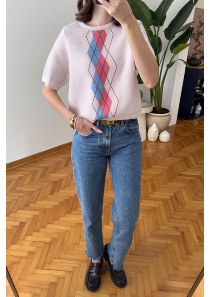Ekose Desen Detaylı Kısa Kol Triko- Pembe fiyatları