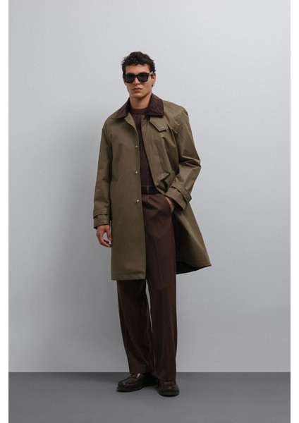 Haki Kontrast Yaka Teknik Erkek Trençkot