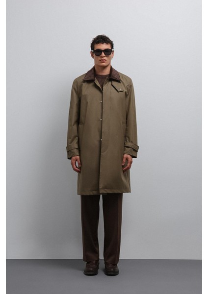 Haki Kontrast Yaka Teknik Erkek Trençkot fiyatları