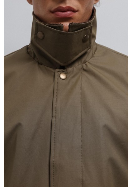 Haki Kontrast Yaka Teknik Erkek Trençkot indirimleri