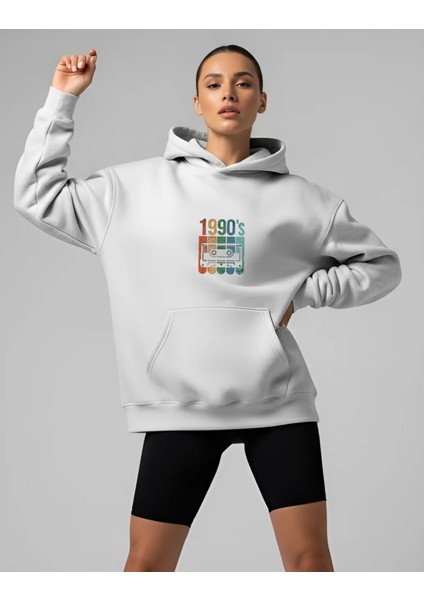 1990'S Tasarım Baskılı Siyah Oversize Unisex Kapüşonlu Sweatshirt Hoodie