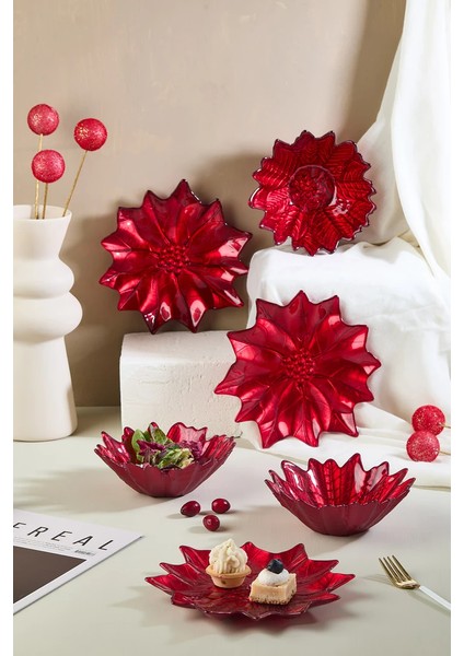 Kırmızı Poinsettia Cam Tabak & Kase Seti - 3 Adet Tabak - 3 Adet Kase