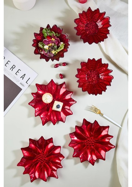 Kırmızı Poinsettia Cam Tabak & Kase Seti - 3 Adet Tabak - 3 Adet Kase fiyatları