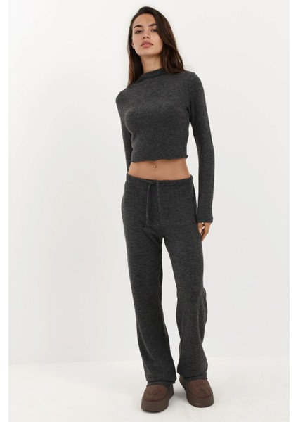 Kadın Yumuşak Dokulu Yarım Balıkçı Yaka Crop Bluz Busem Collection Koyu Gri indirimleri