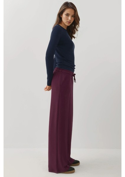 Kadın Nervür Detaylı Yumuşak Dokulu Geniş Paça Pantolon Busem Collection Bordo Kırmızı modelleri