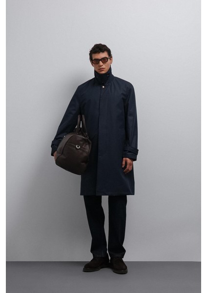 Lacivert Kontrast Yaka Teknik Erkek Trençkot