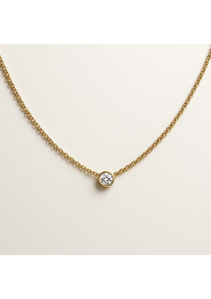 14 Ayar Altın Yuvarlak Tek Taşlı Zincir Kolye