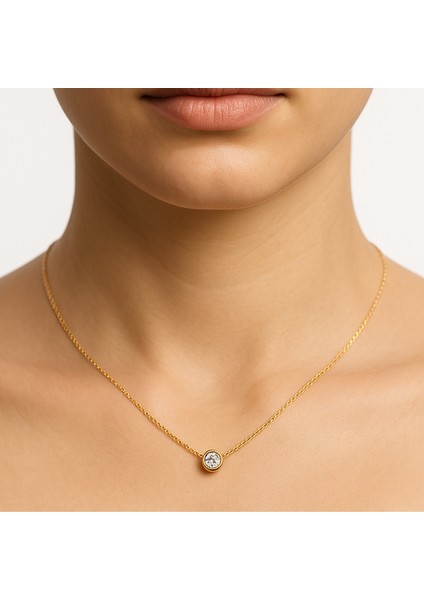 14 Ayar Altın Yuvarlak Tek Taşlı Zincir Kolye modelleri