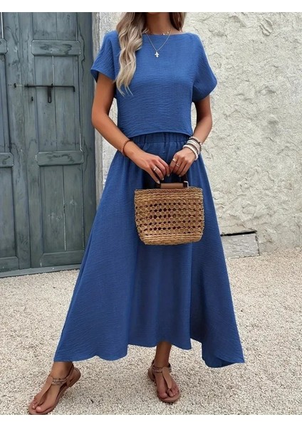 Kadın Kısa Kollu Bisiklet Yaka Bluz Etekli Ithal Keten Ikili Takım modelleri