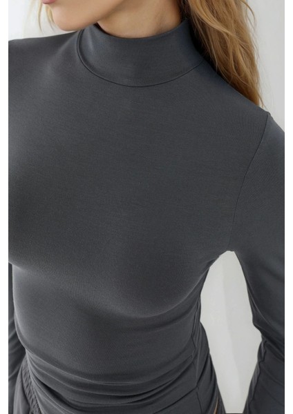Kadın Slim Fit Yarım Balıkçı Yaka Bluz Busem Collection Grey fırsatları