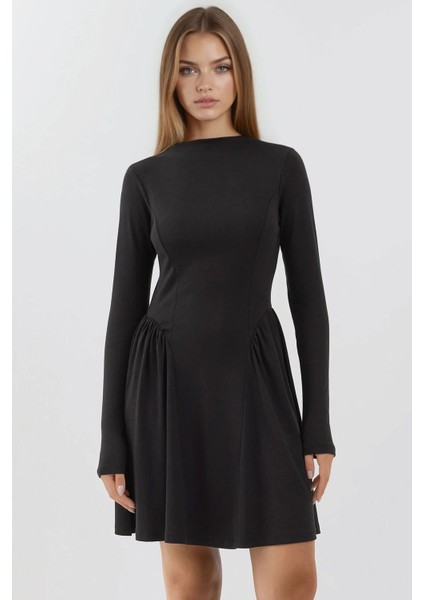 Kadın Yumuşak Dokulu Kayık Yaka Mini Elbise Busem Collection Black