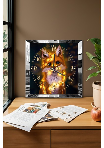 Gümüş Çerçeveli Tilki Temalı Dekoratif Mdf Duvar Saati