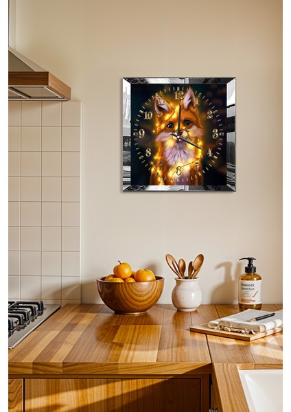 Gümüş Çerçeveli Tilki Temalı Dekoratif Mdf Duvar Saati fiyatları