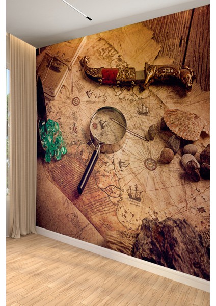 Hazine Haritası Temalı Retro Duvar Kağıdı – Tek Parça, Özel Ölçü, Dekoratif Tasarım
