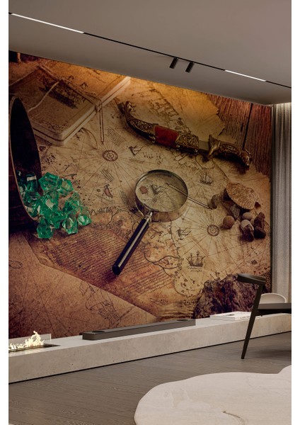 Hazine Haritası Temalı Retro Duvar Kağıdı – Tek Parça, Özel Ölçü, Dekoratif Tasarım fiyatları