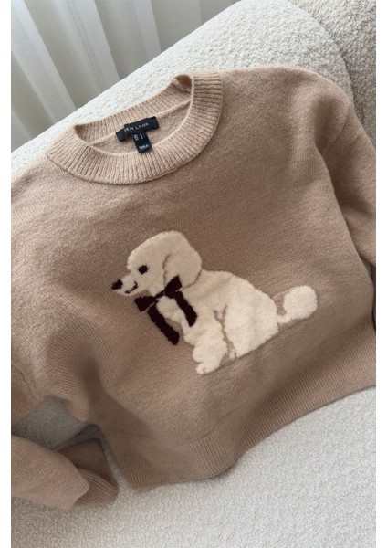 Köpek Figürlü Marka Triko Kazak- Camel indirimleri