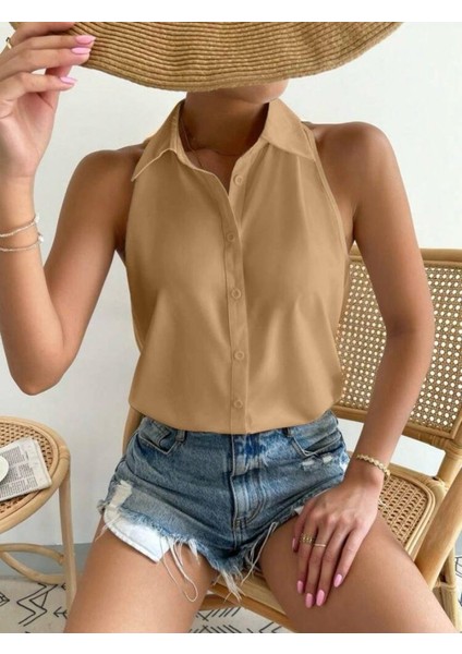 Kadın Sıfır Kol Dokuma Viskon Kumaş Gömlek