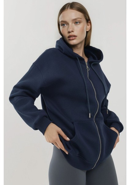 Kadın Şardonlu Cepli Fermuarlı Kapüşonlu Sweatshirt Busem Collection Blue fırsatları