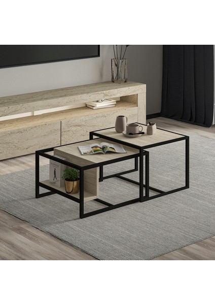 Batı 2’li Modern Orta Sehpa Takımı – Metal Ayaklı, Alt Raflı, Traverten Desen
