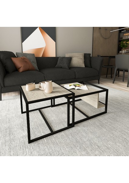 Batı 2’li Modern Orta Sehpa Takımı – Metal Ayaklı, Alt Raflı, Traverten Desen modelleri