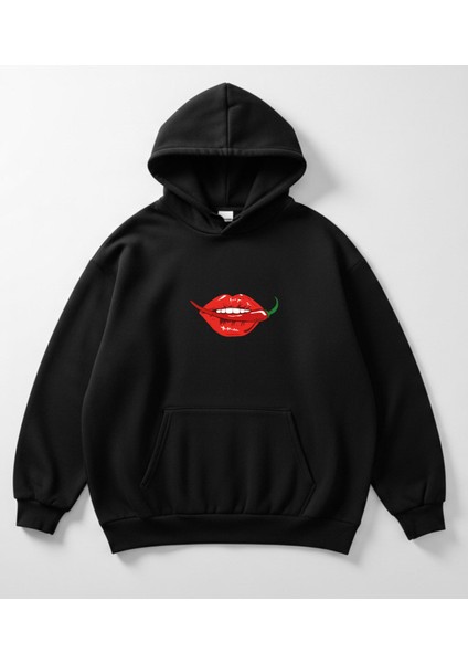 Acı Biber ve Dudak Tasarım Baskılı Oversize Kadın Kapüşonlu Sweatshirt Hoodie modelleri