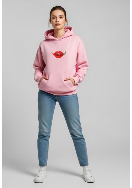 Acı Biber ve Dudak Tasarım Baskılı Oversize Kadın Kapüşonlu Sweatshirt Hoodie