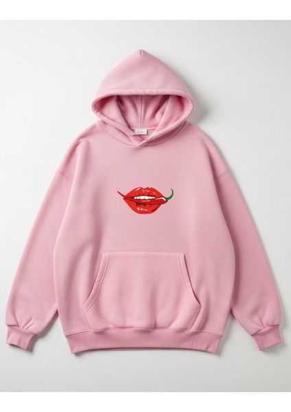 Acı Biber ve Dudak Tasarım Baskılı Oversize Kadın Kapüşonlu Sweatshirt Hoodie modelleri