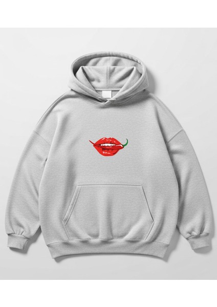 Acı Biber ve Dudak Tasarım Baskılı Oversize Kadın Kapüşonlu Sweatshirt Hoodie modelleri