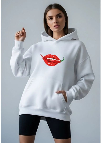 Acı Biber ve Dudak Tasarım Baskılı Oversize Kadın Kapüşonlu Sweatshirt Hoodie