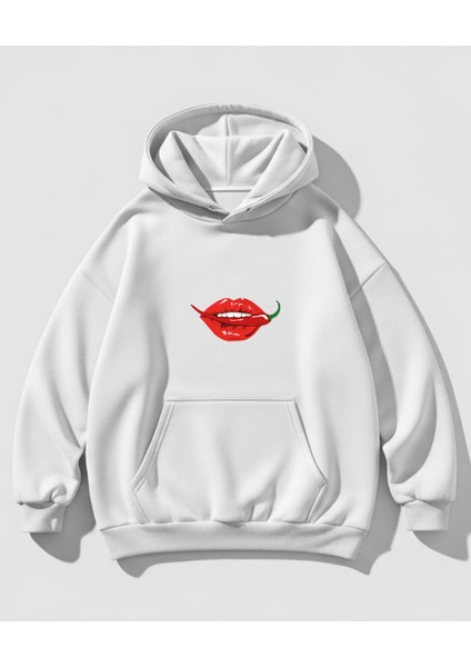 Acı Biber ve Dudak Tasarım Baskılı Oversize Kadın Kapüşonlu Sweatshirt Hoodie modelleri