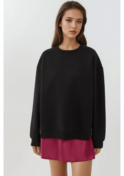 Kadın Şardonlu Fermuar Detaylı Bisiklet Yaka Sweatshirt Busem Collection Black