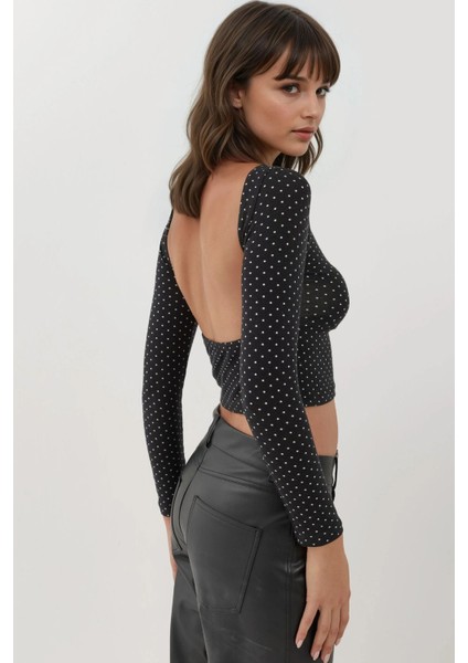 Kadın Sırtı Açık Puantiye Desenli Uzun Kollu Vücudu Saran Kısa Üst Busem Collection Black