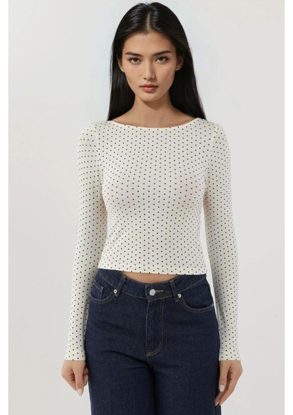 Kadın Sırtı Açık Puantiye Desenli Uzun Kollu Vücudu Saran Kısa Üst Busem Collection White