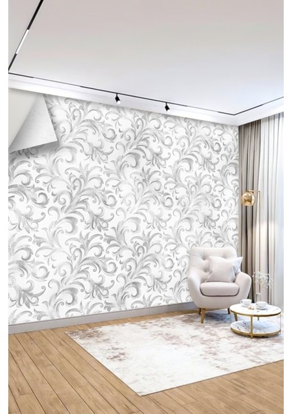 Açık Gri Zemin Gri Barok Dal Desenli Tekstil Duvar Kağıdı